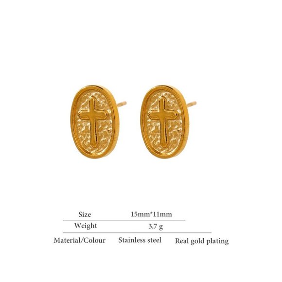 NEW 18K Gold Plated Holy Cross Oval Stud Earrings - Picture 3 of 3